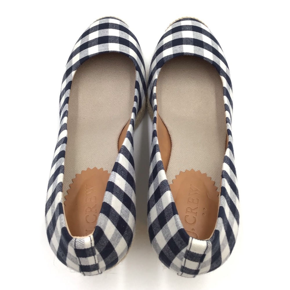 🔴SOLD🔴J. Crew Factory blue white check plaid textile espadrille wedge pumps 8 - Picture 8 of 11